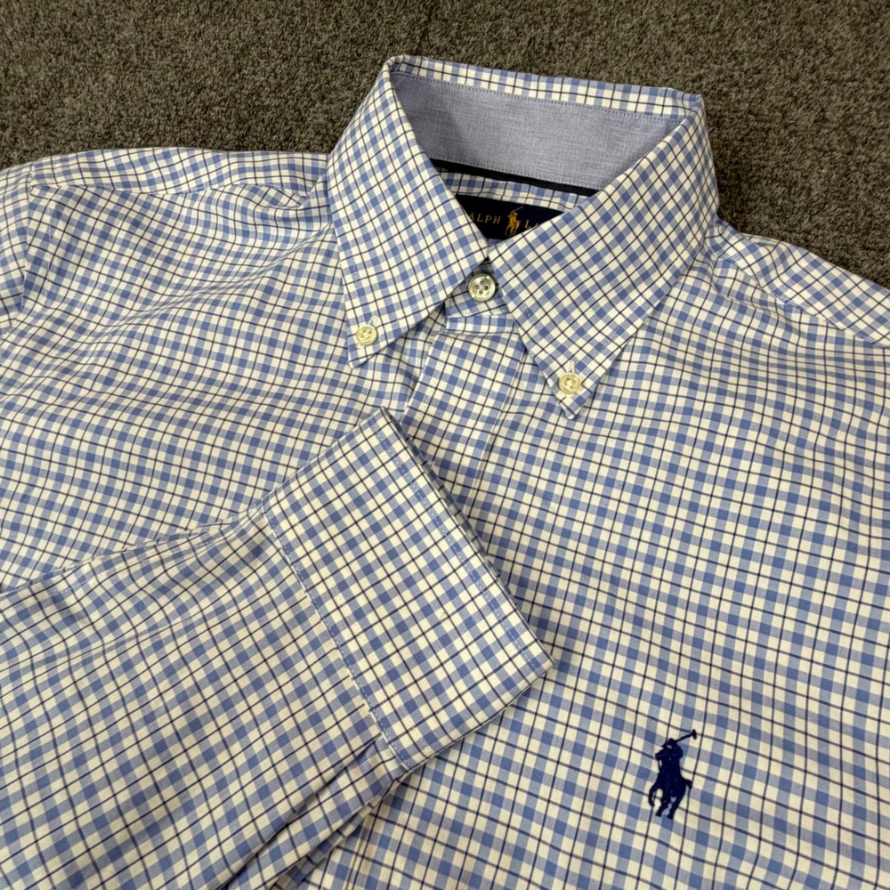 VTG Ralph Lauren Mens S Non-Iron Button Down Shirt Blue White Check Long Sleeve